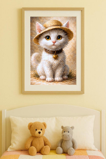 Digitale Illustration einer niedlichen weißen Katze mit Strohhut und Herzanhänger, warme Farben, sanfte Bildwirkung.