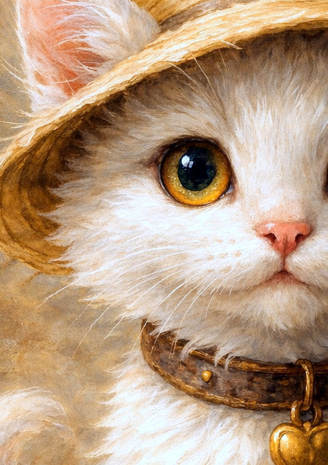 Digitale Illustration einer niedlichen weißen Katze mit Strohhut und Herzanhänger, warme Farben, sanfte Bildwirkung.