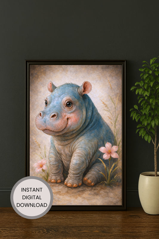 Digitale Illustration eines niedlichen Baby-Nilpferds mit Blumen, sanfte Farben, ruhige und freundliche Bildwirkung.