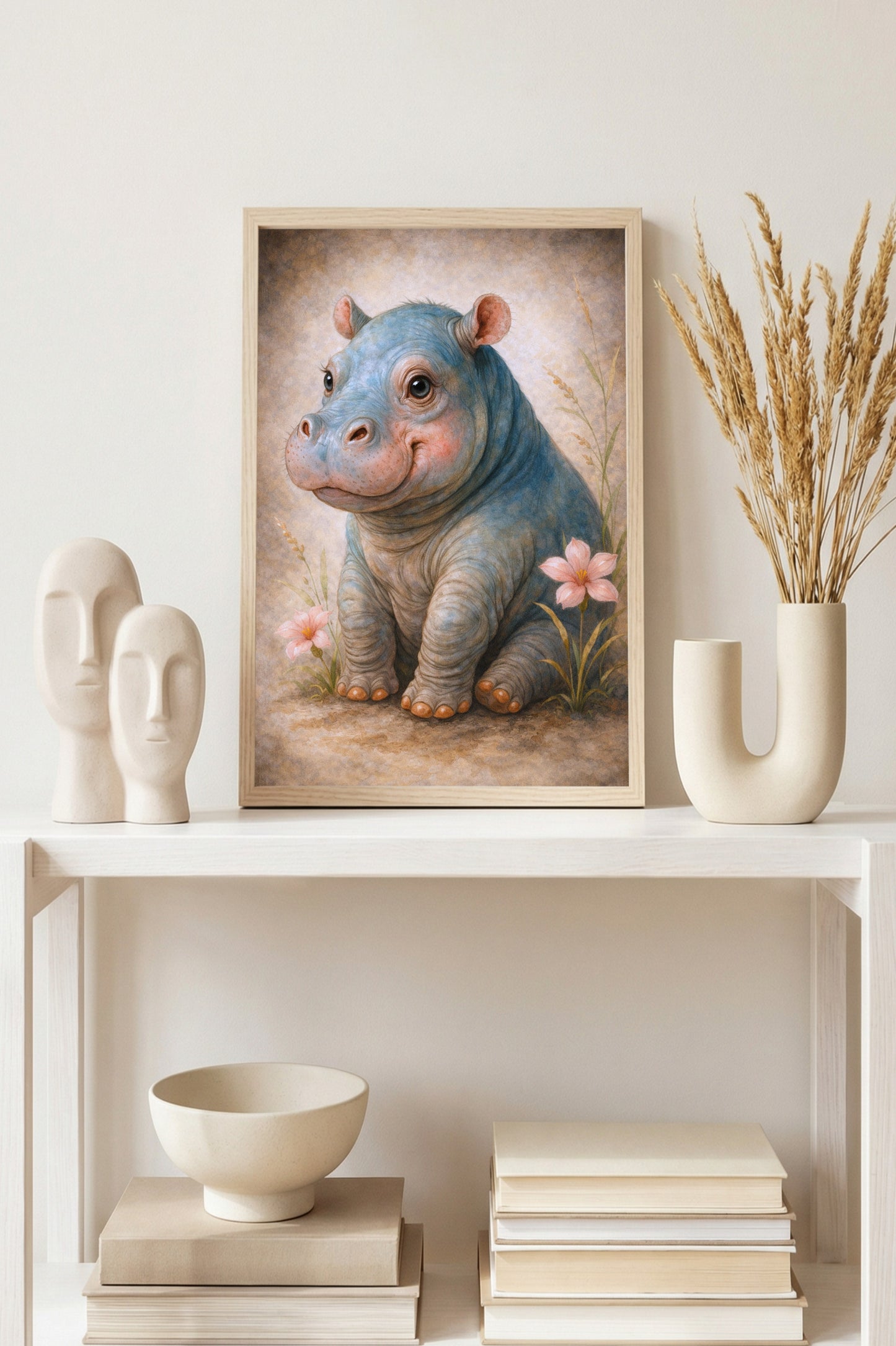 Digitale Illustration eines niedlichen Baby-Nilpferds mit Blumen, sanfte Farben, ruhige und freundliche Bildwirkung.