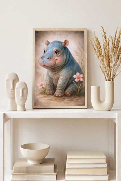Digitale Illustration eines niedlichen Baby-Nilpferds mit Blumen, sanfte Farben, ruhige und freundliche Bildwirkung.
