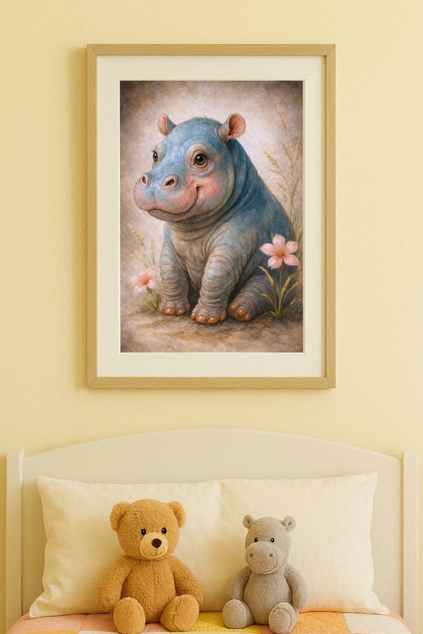Digitale Illustration eines niedlichen Baby-Nilpferds mit Blumen, sanfte Farben, ruhige und freundliche Bildwirkung.