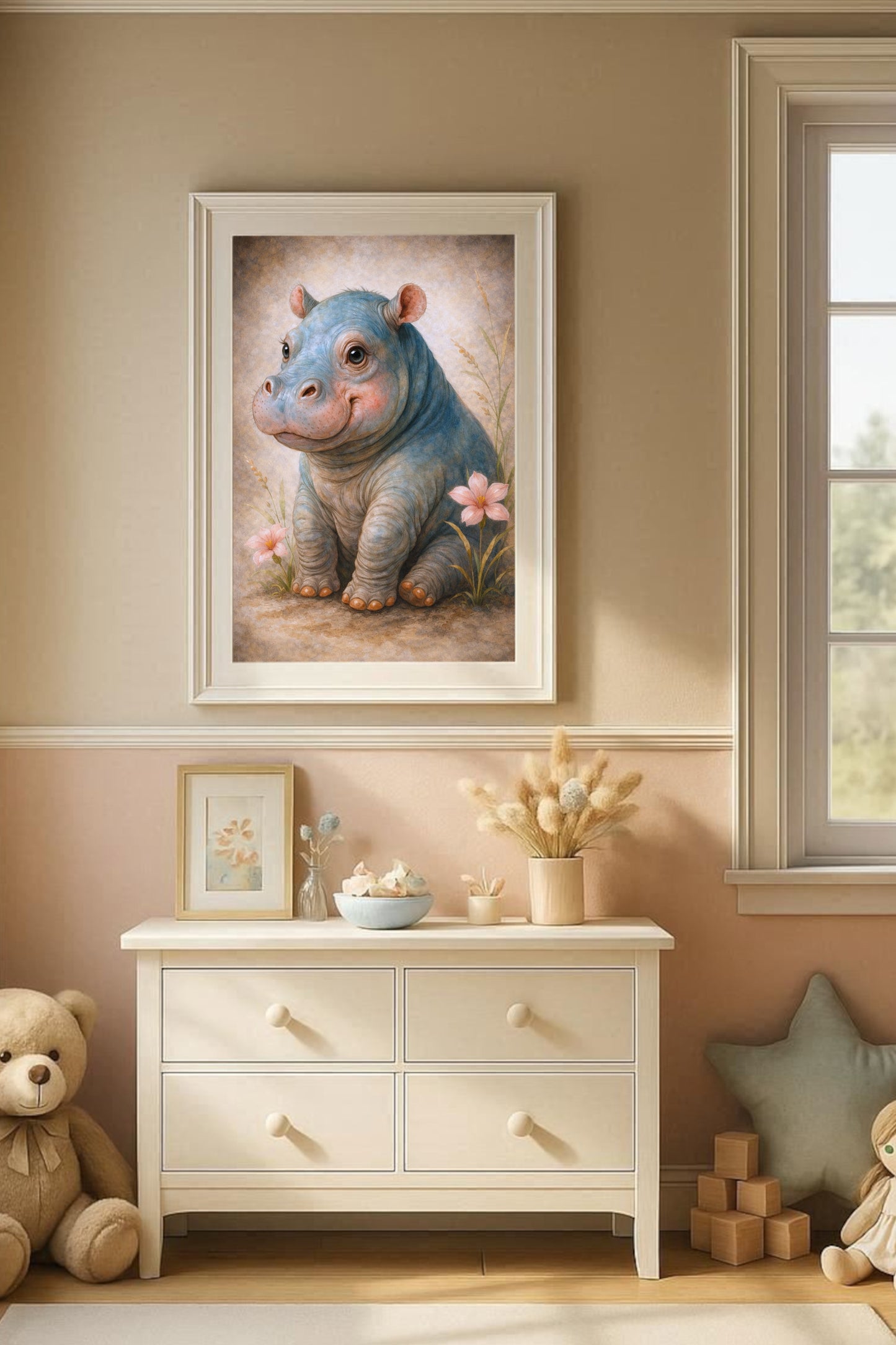 Digitale Illustration eines niedlichen Baby-Nilpferds mit Blumen, sanfte Farben, ruhige und freundliche Bildwirkung.