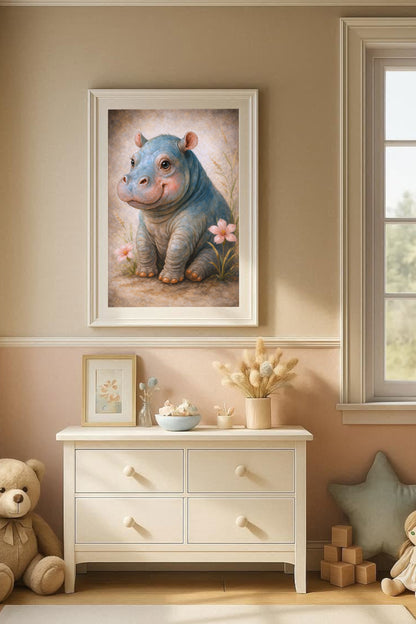 Digitale Illustration eines niedlichen Baby-Nilpferds mit Blumen, sanfte Farben, ruhige und freundliche Bildwirkung.