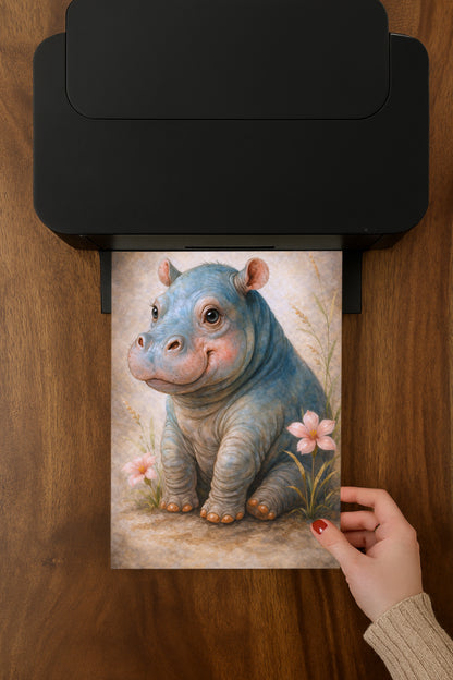 Digitale Illustration eines niedlichen Baby-Nilpferds mit Blumen, sanfte Farben, ruhige und freundliche Bildwirkung.