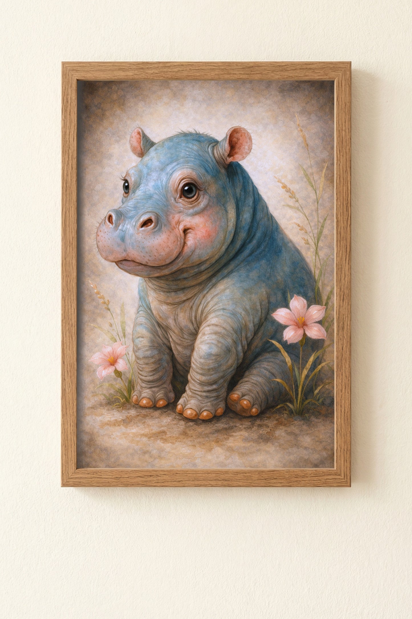 Digitale Illustration eines niedlichen Baby-Nilpferds mit Blumen, sanfte Farben, ruhige und freundliche Bildwirkung.