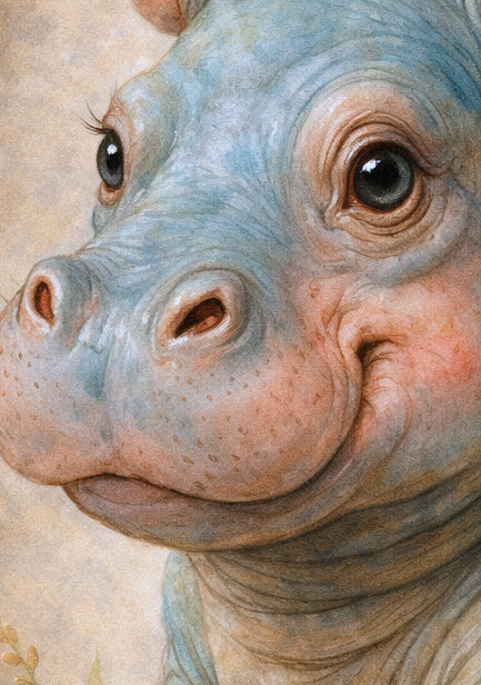 Digitale Illustration eines niedlichen Baby-Nilpferds mit Blumen, sanfte Farben, ruhige und freundliche Bildwirkung.