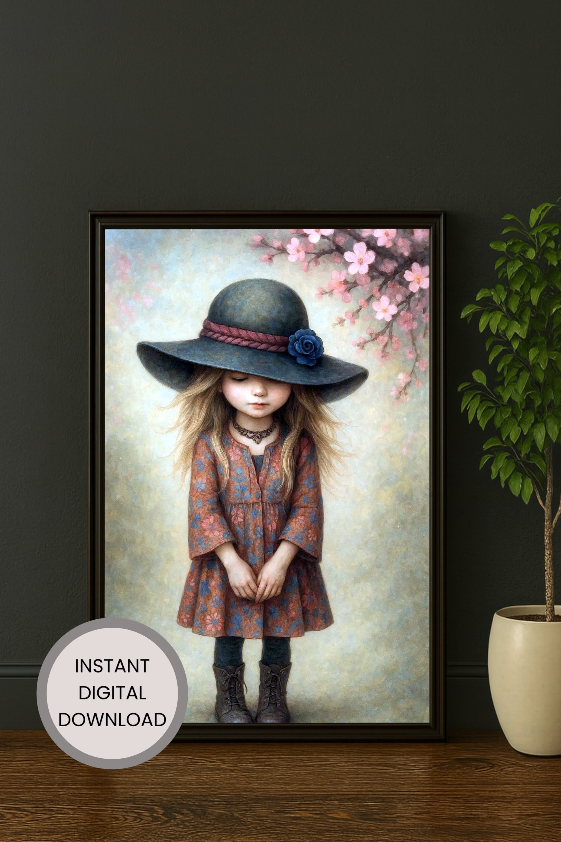 Vintage Aquarellillustration eines Mädchens mit großem Hut und Blüten, sanfte Naturtöne, dekoratives Boho Wandbild fürs Kinderzimmer