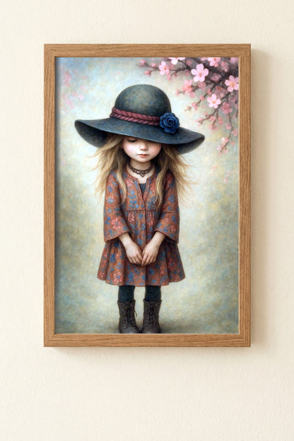 Vintage Aquarellillustration eines Mädchens mit großem Hut und Blüten, sanfte Naturtöne, dekoratives Boho Wandbild fürs Kinderzimmer