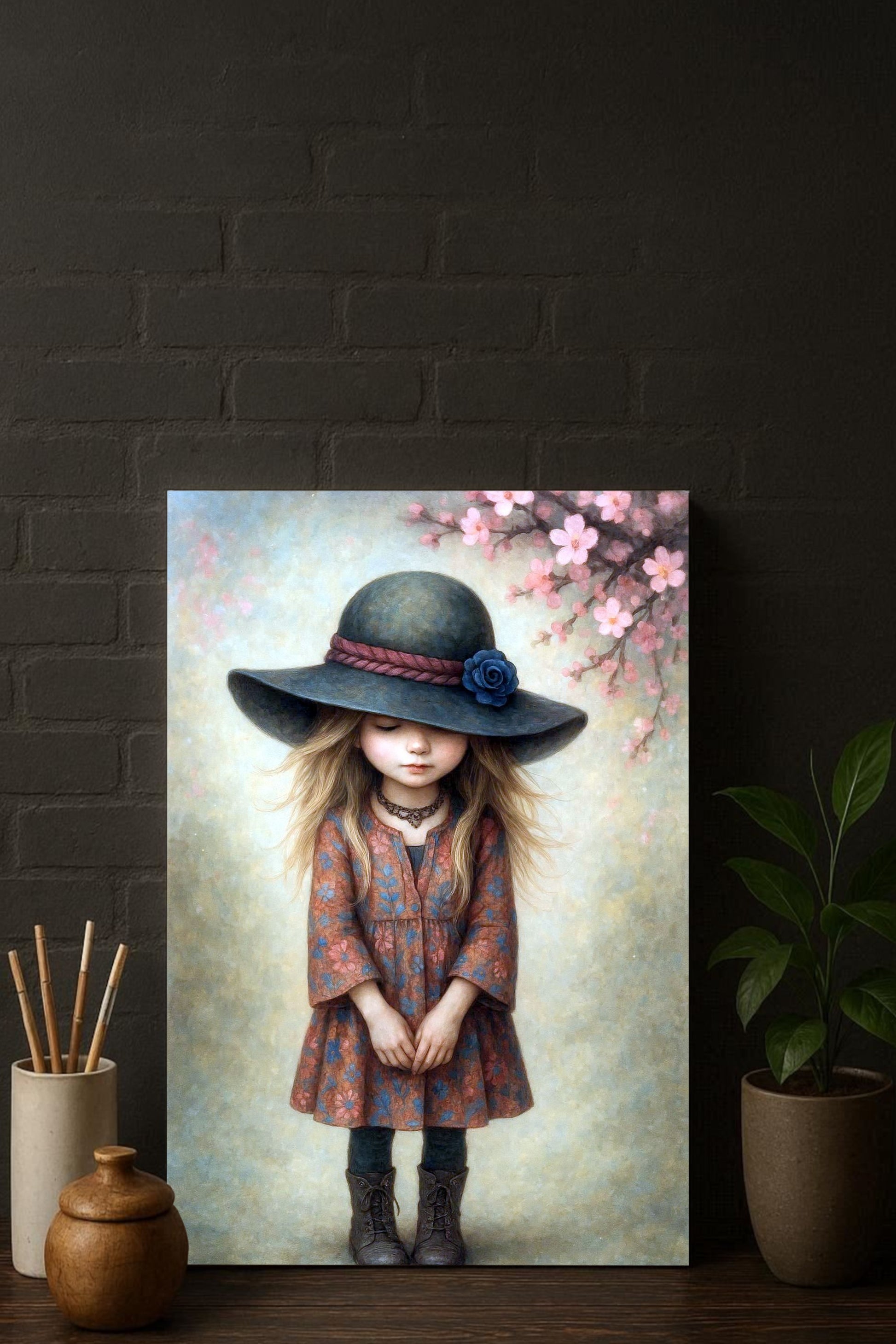 Vintage Aquarellillustration eines Mädchens mit großem Hut und Blüten, sanfte Naturtöne, dekoratives Boho Wandbild fürs Kinderzimmer