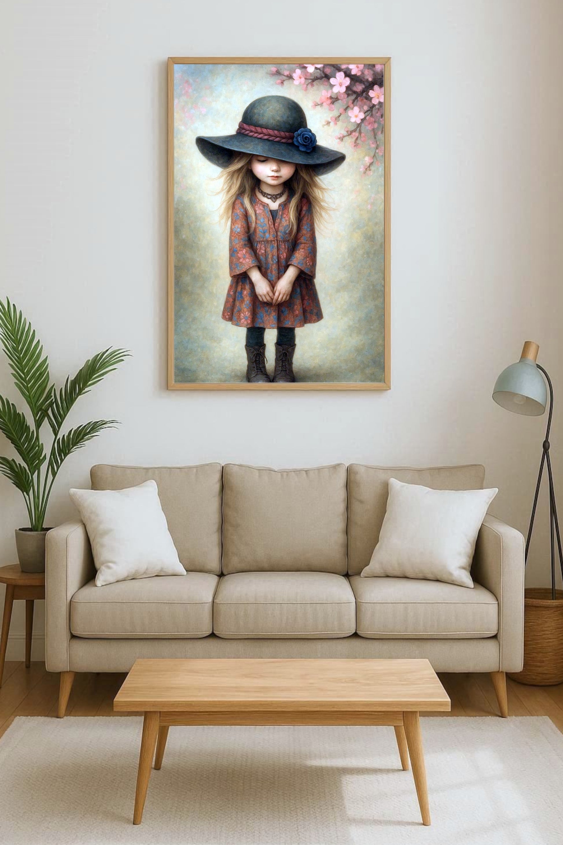 Vintage Aquarellillustration eines Mädchens mit großem Hut und Blüten, sanfte Naturtöne, dekoratives Boho Wandbild fürs Kinderzimmer