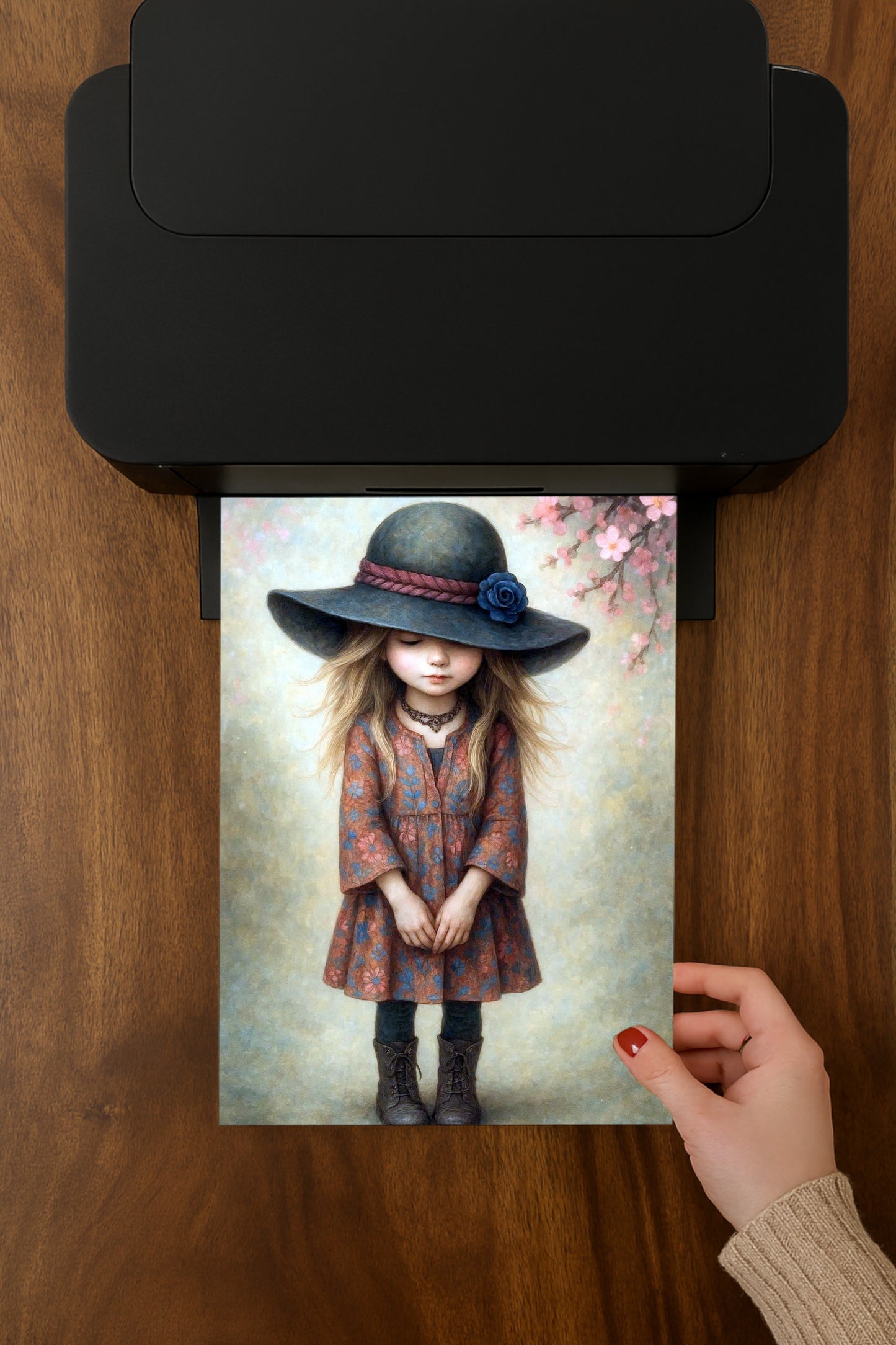 Vintage Aquarellillustration eines Mädchens mit großem Hut und Blüten, sanfte Naturtöne, dekoratives Boho Wandbild fürs Kinderzimmer