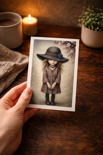 Vintage Aquarellillustration eines Mädchens mit großem Hut und Blüten, sanfte Naturtöne, dekoratives Boho Wandbild fürs Kinderzimmer