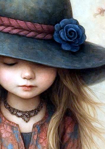 Vintage Aquarellillustration eines Mädchens mit großem Hut und Blüten, sanfte Naturtöne, dekoratives Boho Wandbild fürs Kinderzimmer