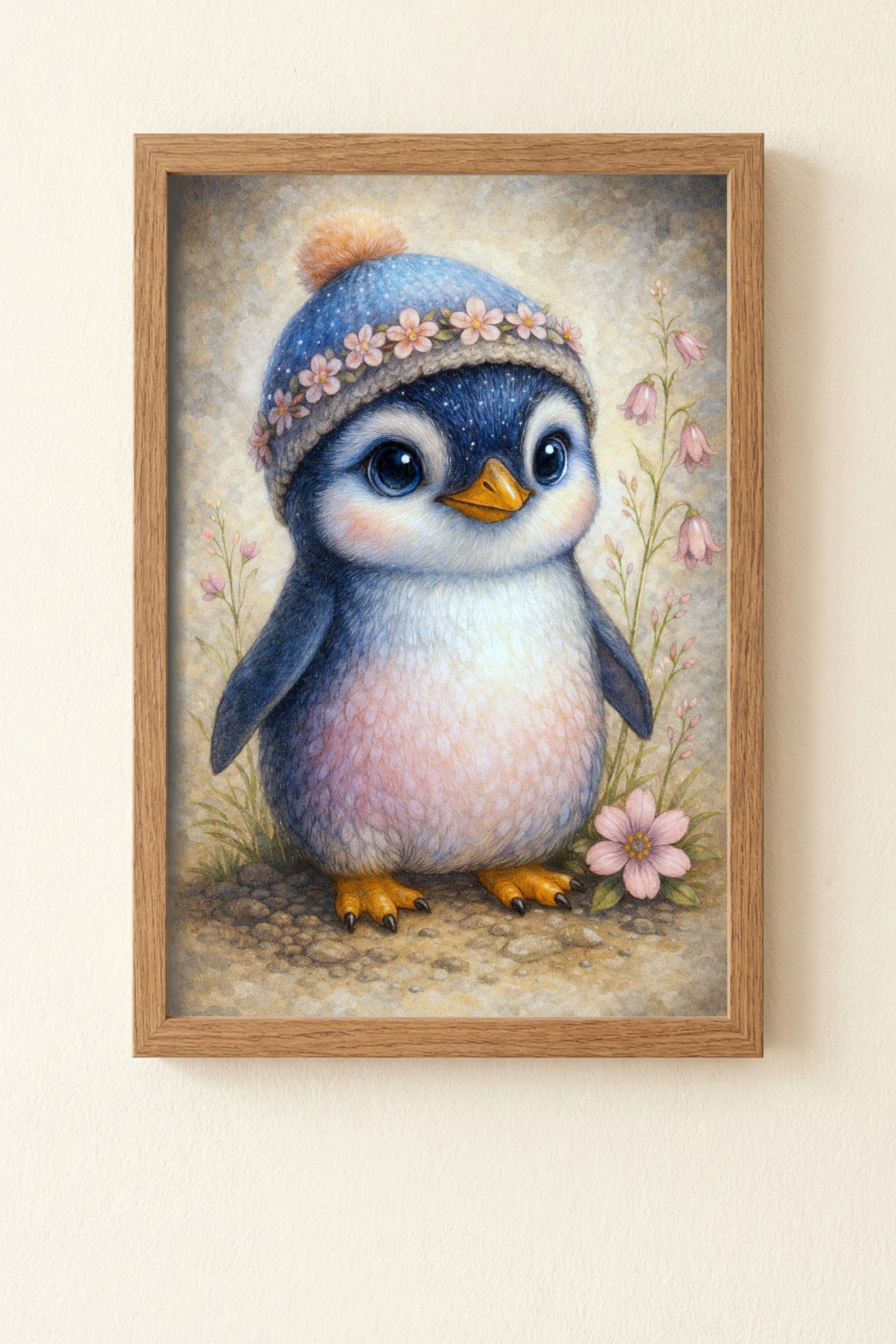 Niedlicher Pinguin mit Mütze und Blumen in Pastellfarben, Kinderzimmer Wandbild Illustration als digitaler Download