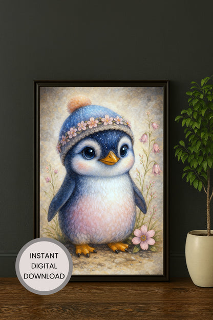 Niedlicher Pinguin mit Mütze und Blumen in Pastellfarben, Kinderzimmer Wandbild Illustration als digitaler Download
