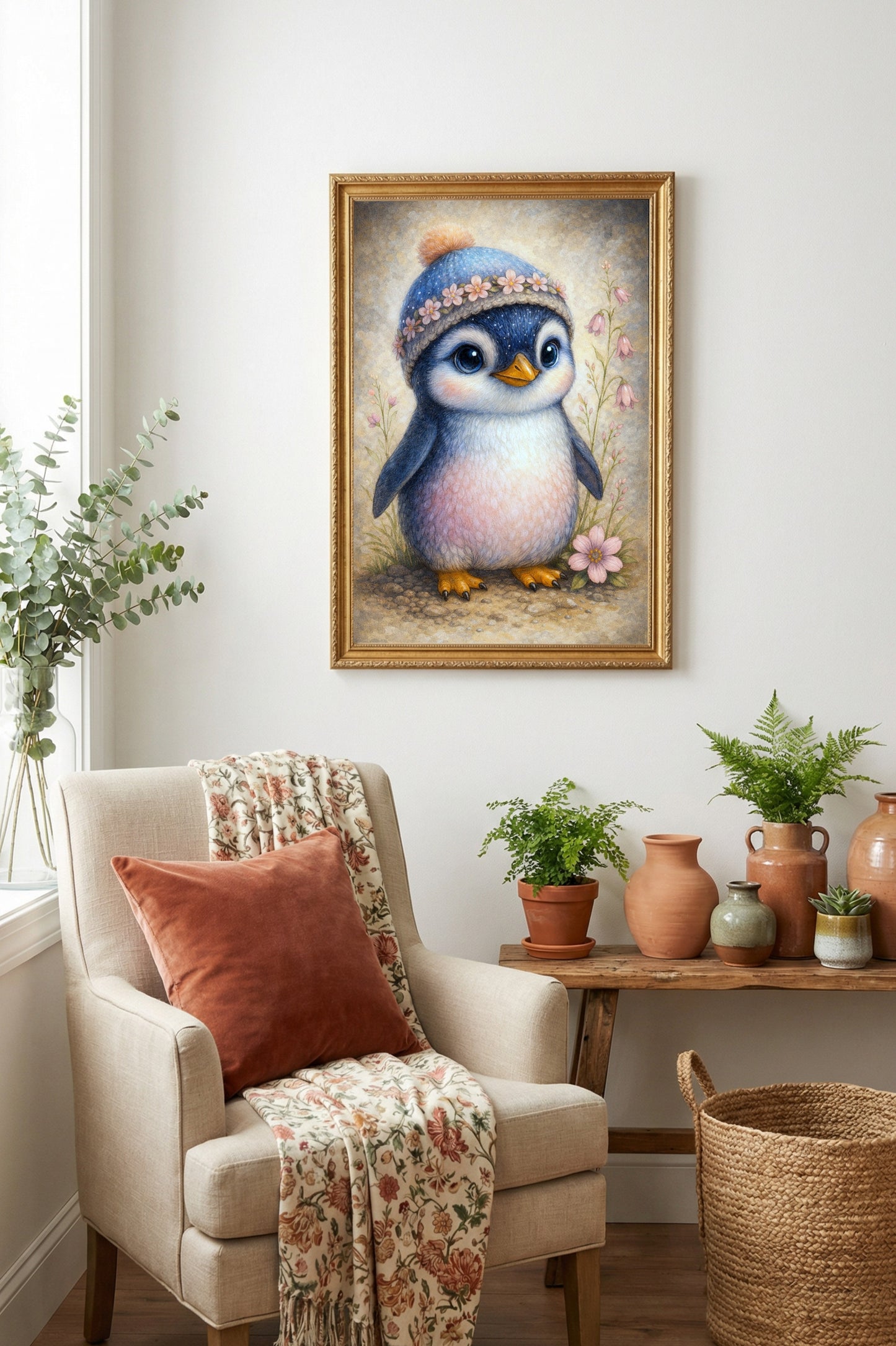 Niedlicher Pinguin mit Mütze und Blumen in Pastellfarben, Kinderzimmer Wandbild Illustration als digitaler Download