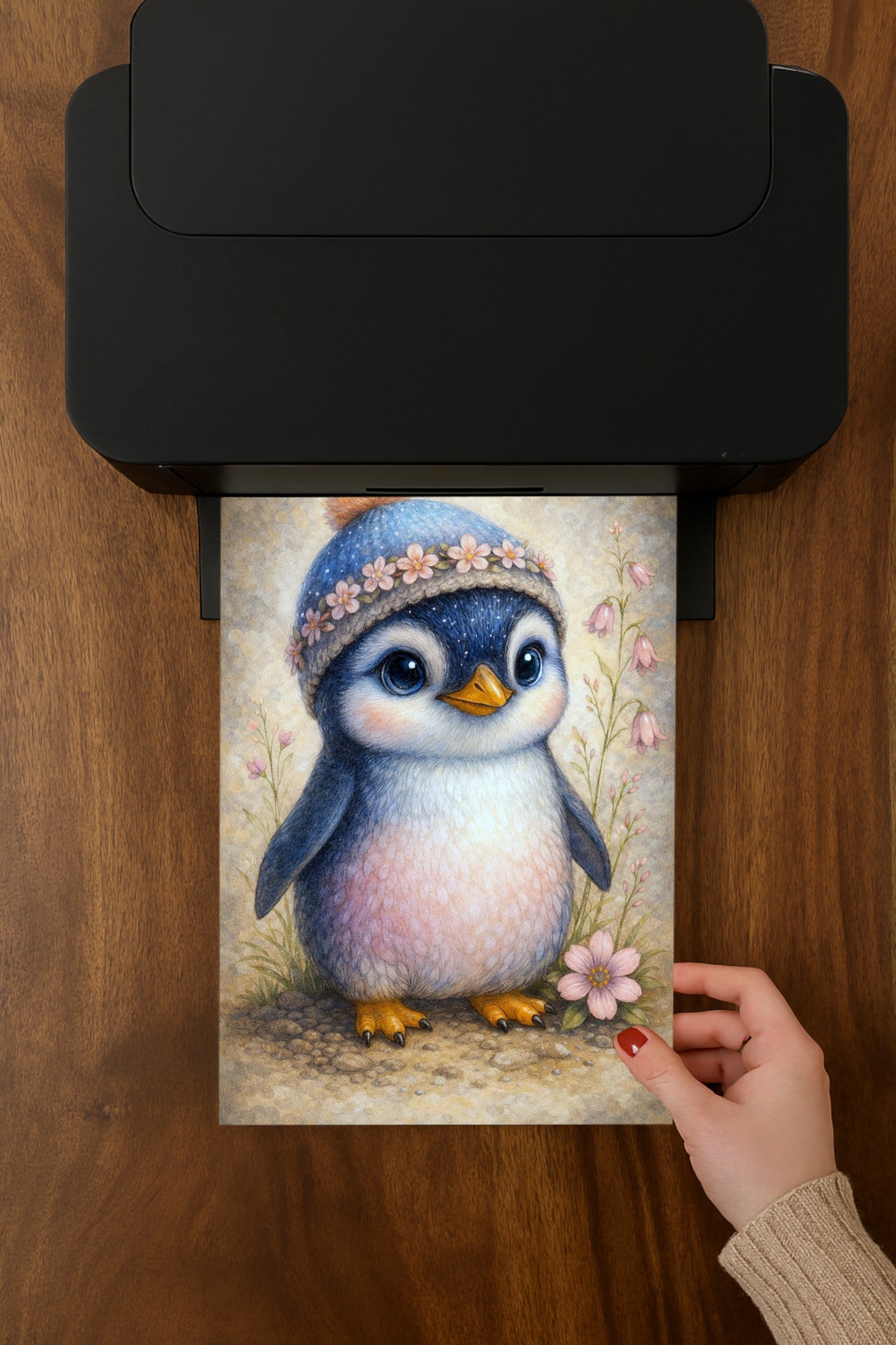 Niedlicher Pinguin mit Mütze und Blumen in Pastellfarben, Kinderzimmer Wandbild Illustration als digitaler Download