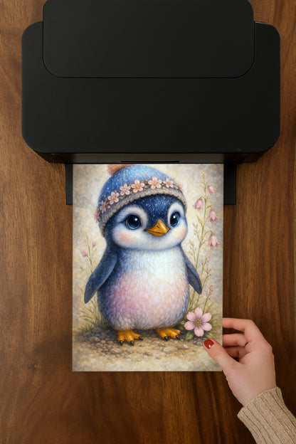 Niedlicher Pinguin mit Mütze und Blumen in Pastellfarben, Kinderzimmer Wandbild Illustration als digitaler Download