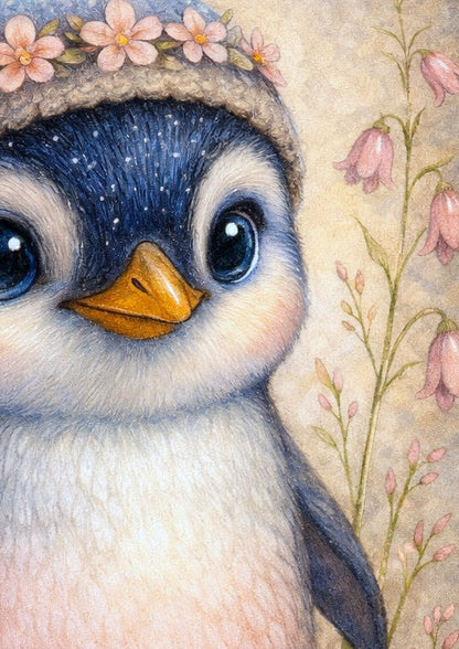 Niedlicher Pinguin mit Mütze und Blumen in Pastellfarben, Kinderzimmer Wandbild Illustration als digitaler Download