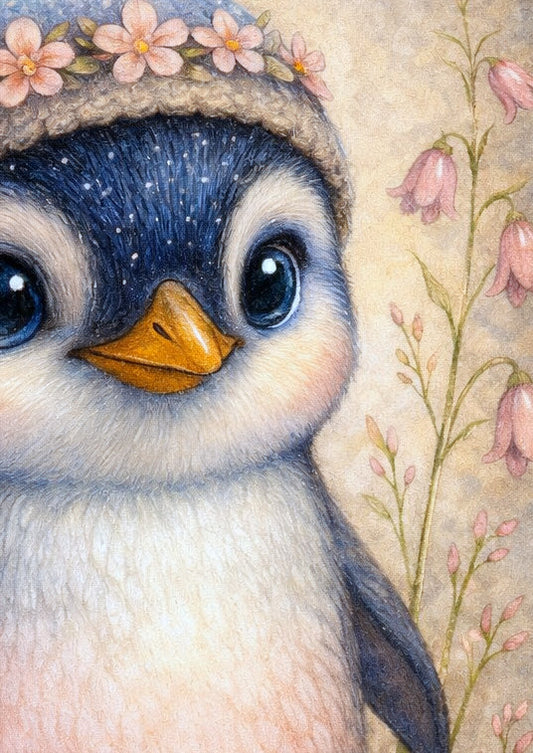 Niedlicher Pinguin mit Mütze und Blumen in Pastellfarben, Kinderzimmer Wandbild Illustration als digitaler Download