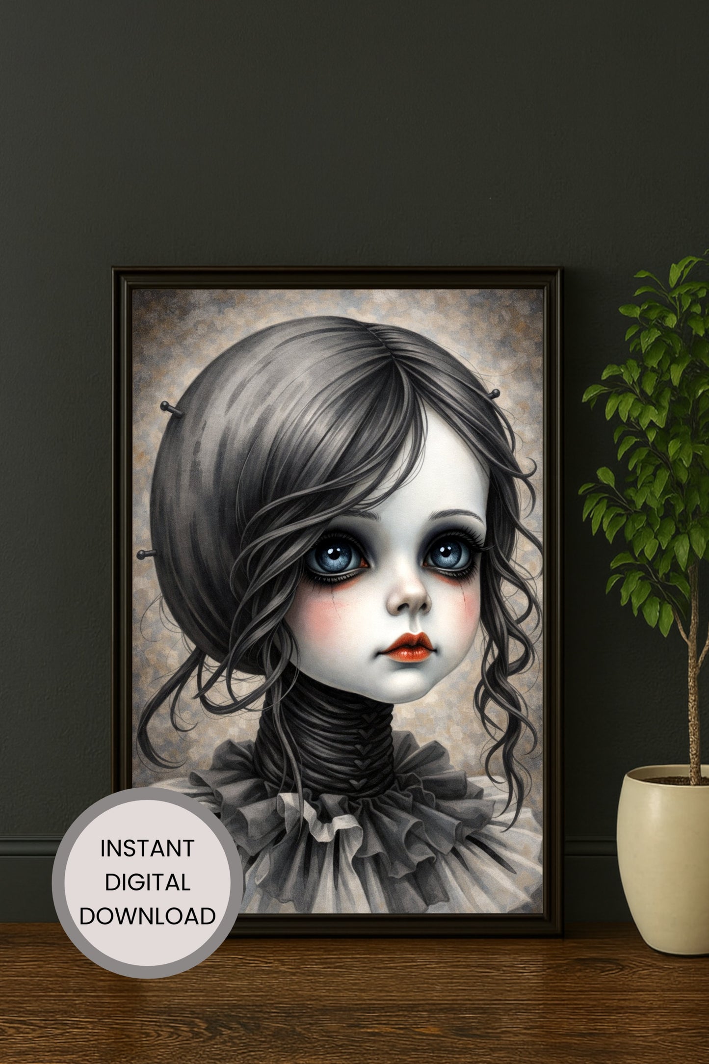 Dunkles Mädchenportrait im Gothic Stil mit großen Augen, Rüschenkragen und Vintage Charakter als digitales Wandbild zum Download