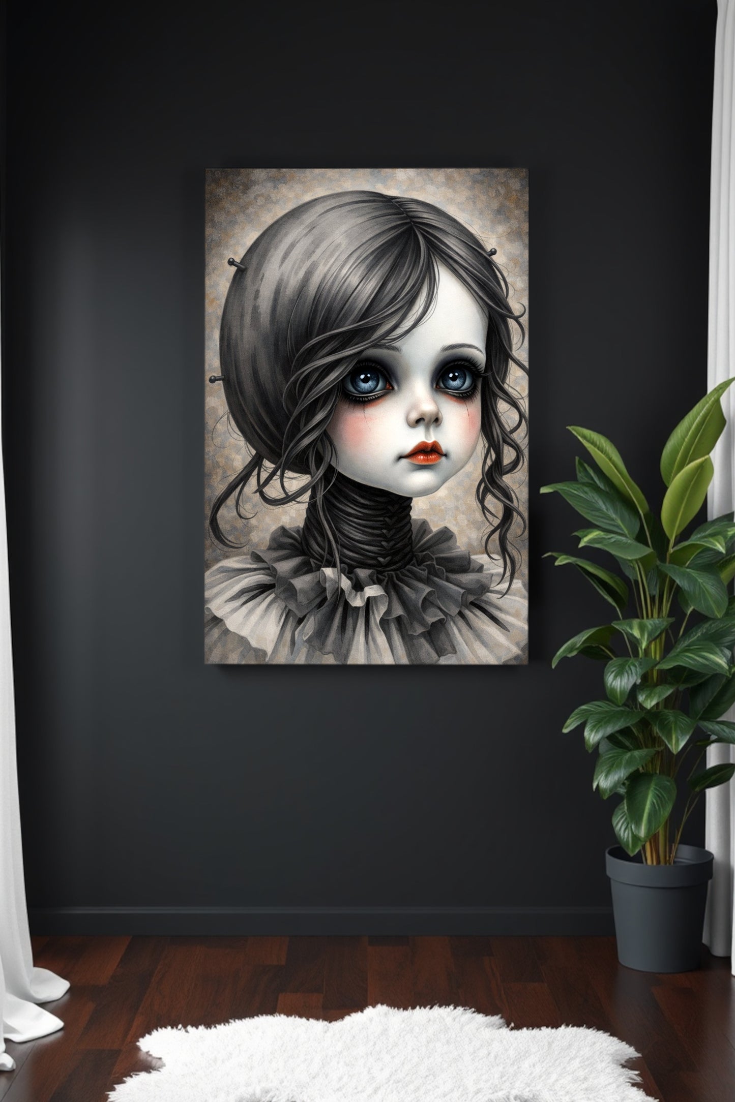 Dunkles Mädchenportrait im Gothic Stil mit großen Augen, Rüschenkragen und Vintage Charakter als digitales Wandbild zum Download