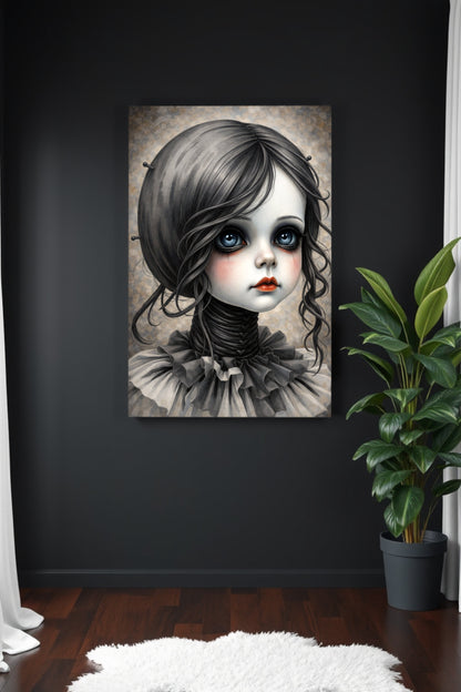 Dunkles Mädchenportrait im Gothic Stil mit großen Augen, Rüschenkragen und Vintage Charakter als digitales Wandbild zum Download