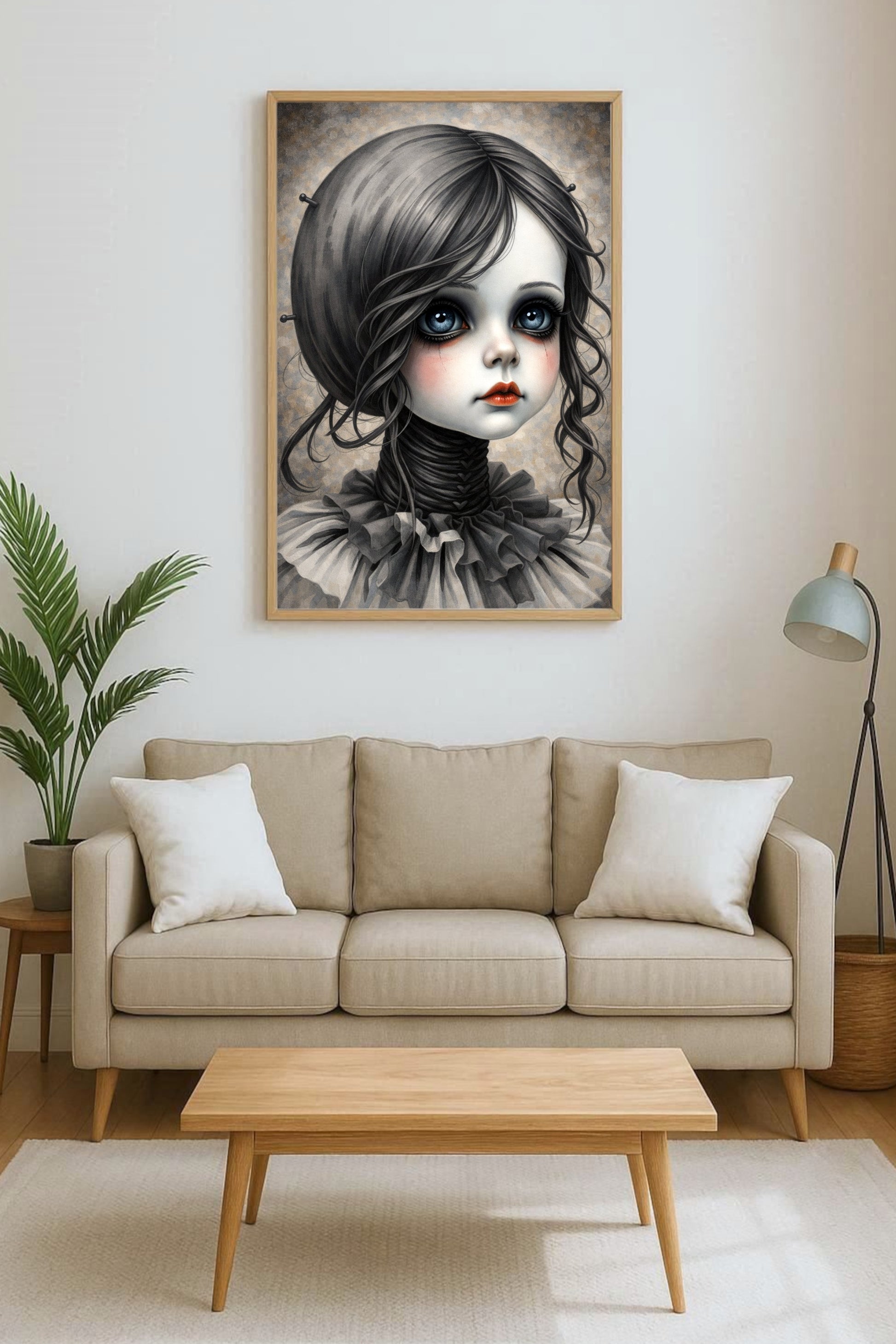 Dunkles Mädchenportrait im Gothic Stil mit großen Augen, Rüschenkragen und Vintage Charakter als digitales Wandbild zum Download