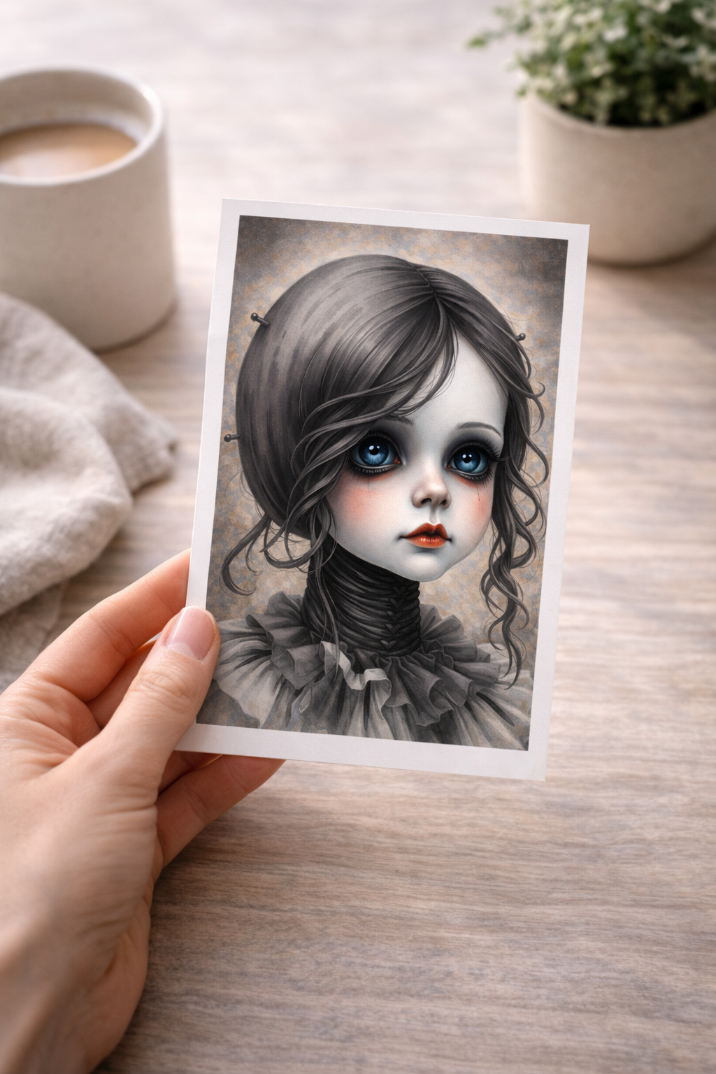 Dunkles Mädchenportrait im Gothic Stil mit großen Augen, Rüschenkragen und Vintage Charakter als digitales Wandbild zum Download