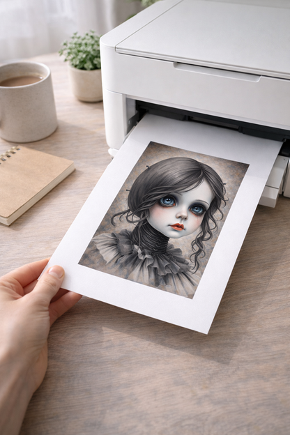 Dunkles Mädchenportrait im Gothic Stil mit großen Augen, Rüschenkragen und Vintage Charakter als digitales Wandbild zum Download