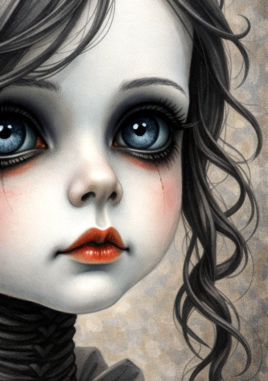 Dunkles Mädchenportrait im Gothic Stil mit großen Augen, Rüschenkragen und Vintage Charakter als digitales Wandbild zum Download