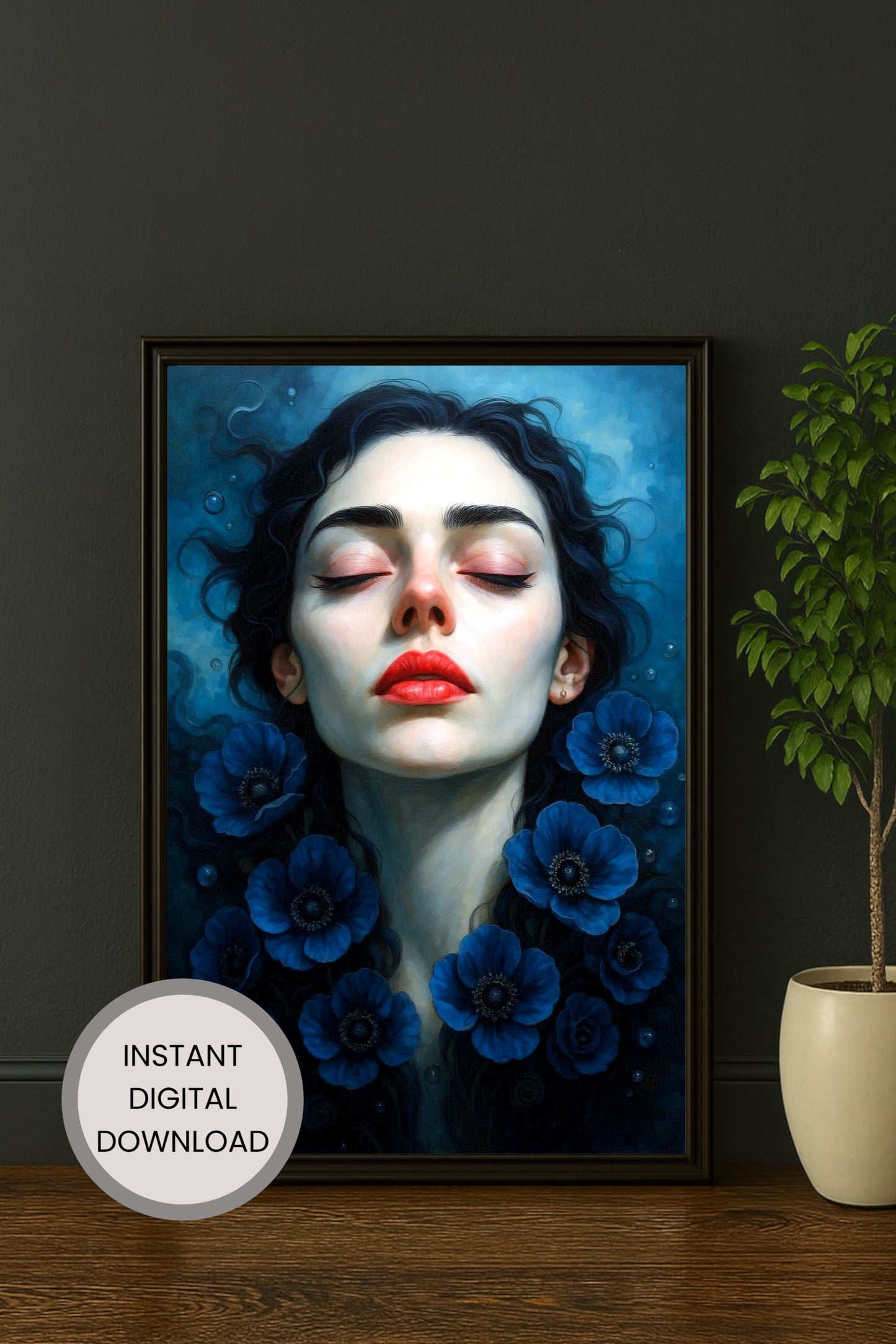 Modernes surreales Frauenportrait mit geschlossenen Augen und blauen Blüten im Wasser als digitales Kunstposter für stilvolle Wandgestaltung