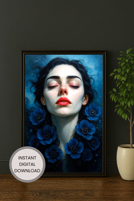 Modernes surreales Frauenportrait mit geschlossenen Augen und blauen Blüten im Wasser als digitales Kunstposter für stilvolle Wandgestaltung