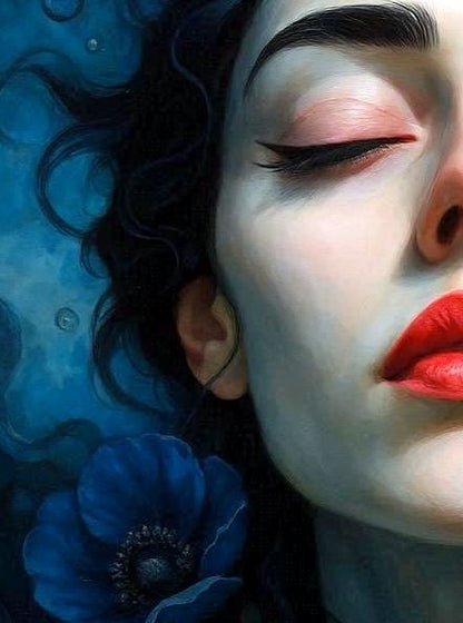Modernes surreales Frauenportrait mit geschlossenen Augen und blauen Blüten im Wasser als digitales Kunstposter für stilvolle Wandgestaltung
