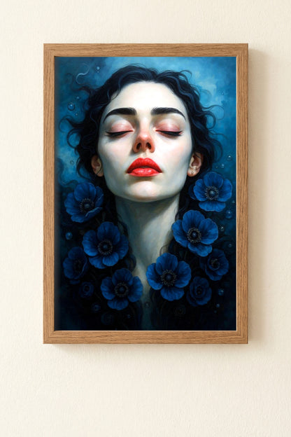 Modernes surreales Frauenportrait mit geschlossenen Augen und blauen Blüten im Wasser als digitales Kunstposter für stilvolle Wandgestaltung