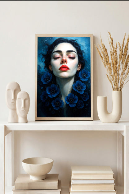 Modernes surreales Frauenportrait mit geschlossenen Augen und blauen Blüten im Wasser als digitales Kunstposter für stilvolle Wandgestaltung