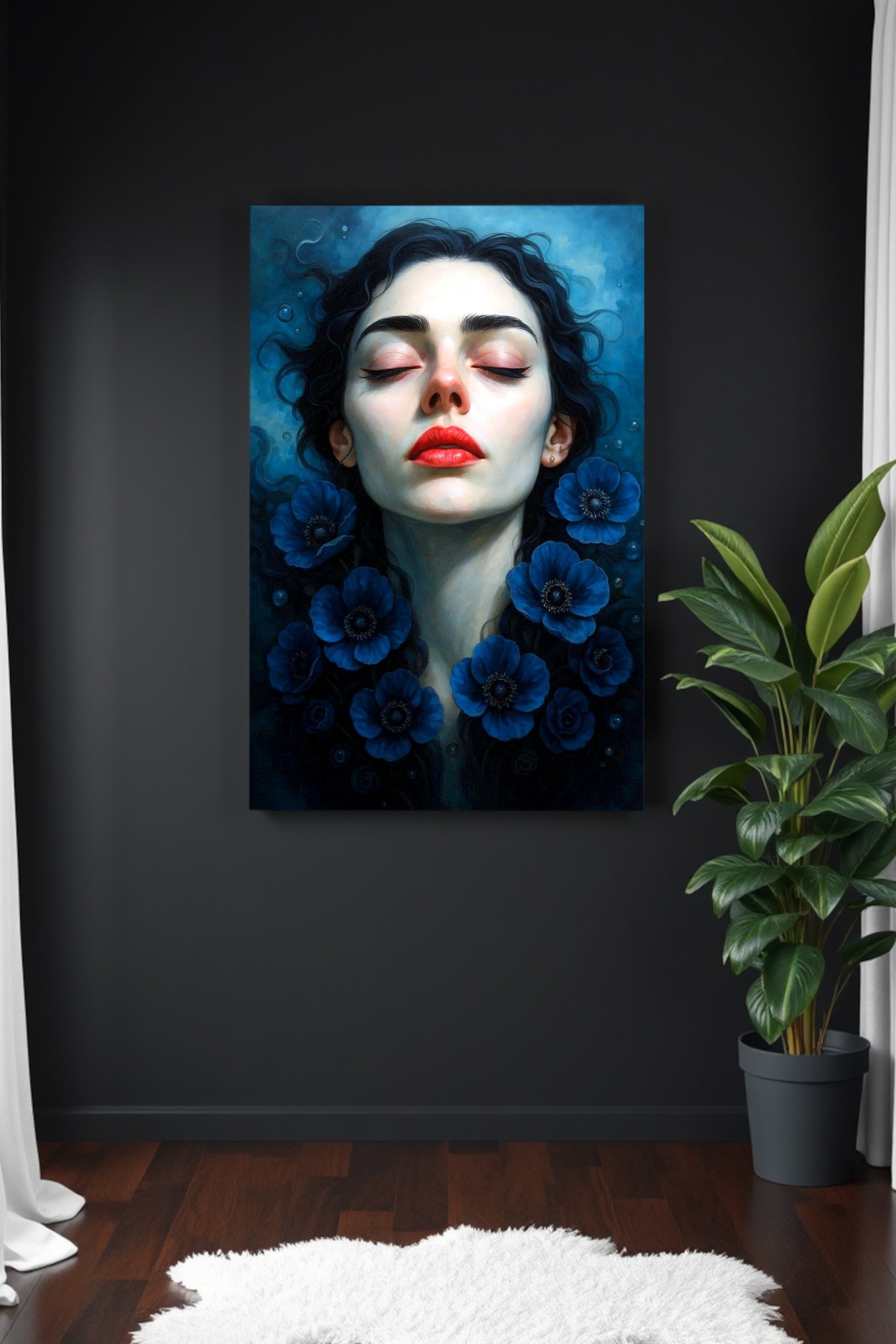 Modernes surreales Frauenportrait mit geschlossenen Augen und blauen Blüten im Wasser als digitales Kunstposter für stilvolle Wandgestaltung