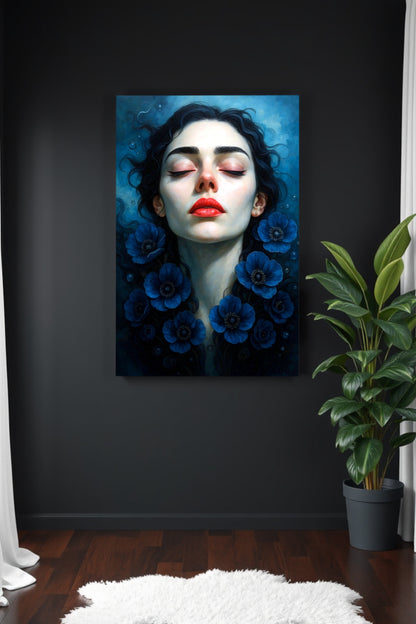 Modernes surreales Frauenportrait mit geschlossenen Augen und blauen Blüten im Wasser als digitales Kunstposter für stilvolle Wandgestaltung