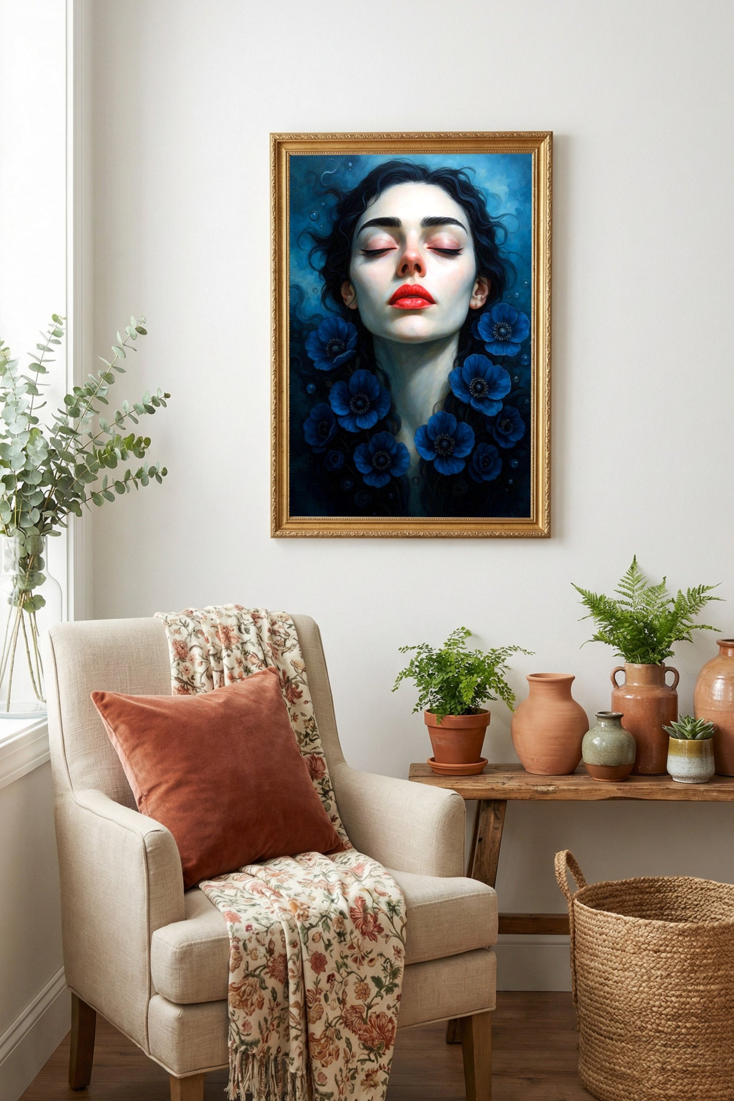 Modernes surreales Frauenportrait mit geschlossenen Augen und blauen Blüten im Wasser als digitales Kunstposter für stilvolle Wandgestaltung