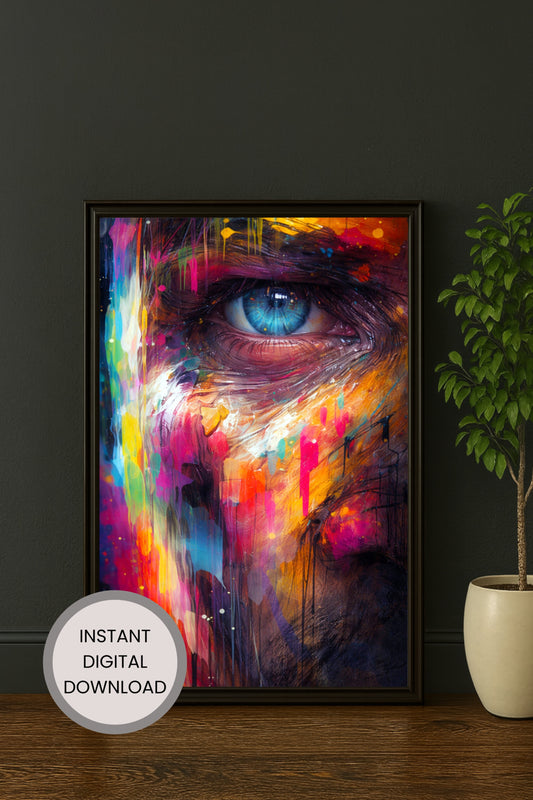 Modernes abstraktes Gesicht mit blauem Auge und kräftigen Farbspritzern im Street Art Stil als digitales Kunstposter für urbane Räume