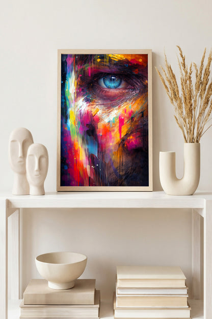 Modernes abstraktes Gesicht mit blauem Auge und kräftigen Farbspritzern im Street Art Stil als digitales Kunstposter für urbane Räume