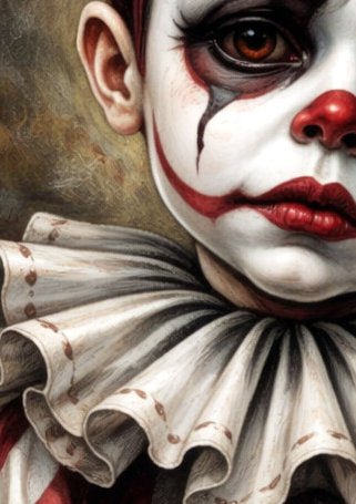 Vintage Harlequin Clown Portrait als digitales Horror Poster mit melancholischem Ausdruck und roter Farbpalette.