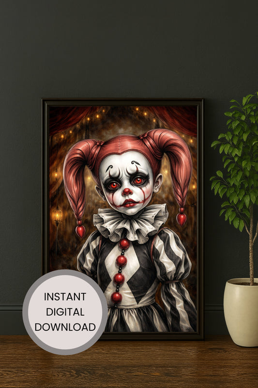 Vintage Harlequin Clown Portrait Poster mit roten Augen und düsterer Zirkusatmosphäre als digitaler Download.