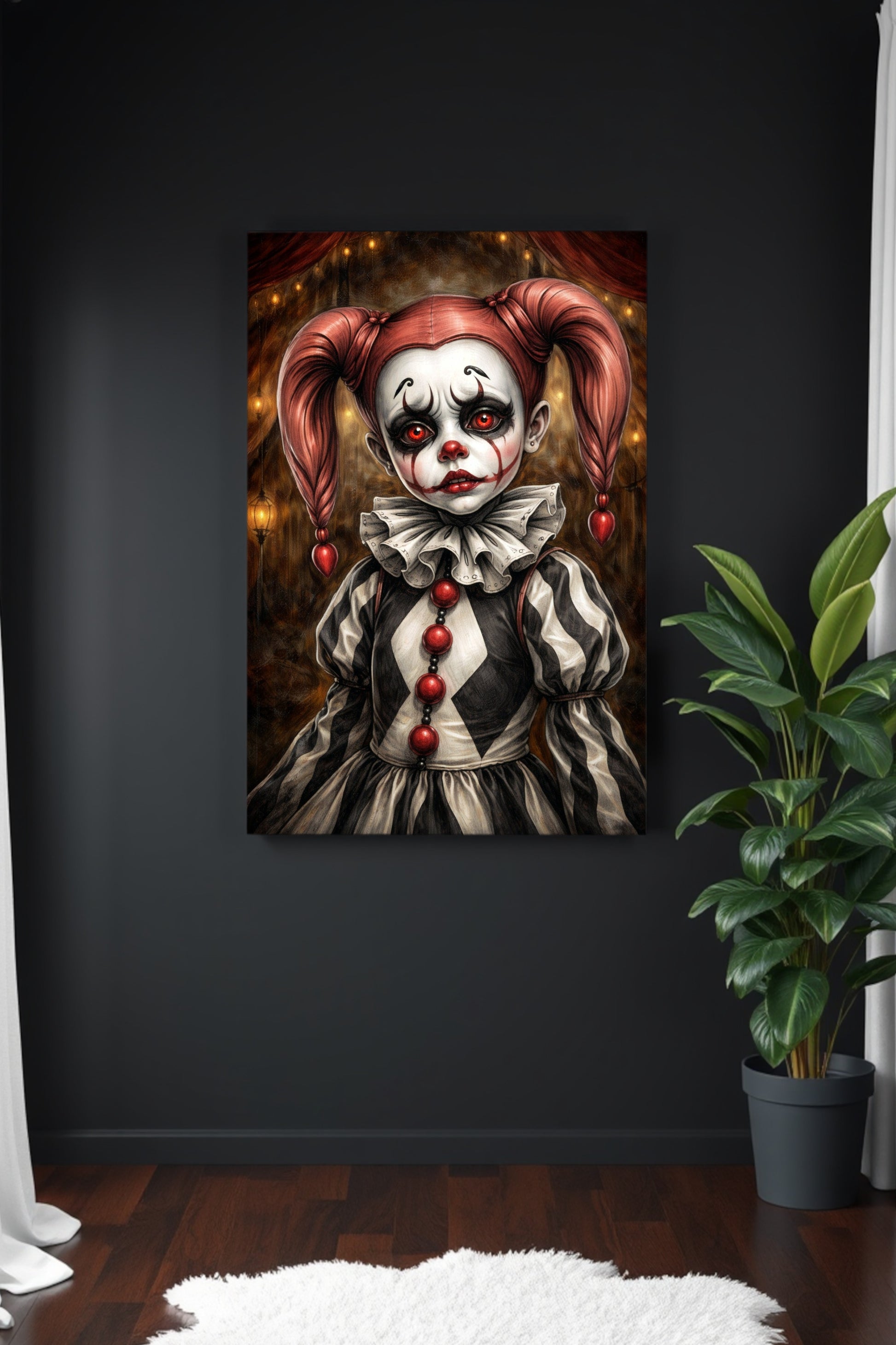 Vintage Harlequin Clown Portrait Poster mit roten Augen und düsterer Zirkusatmosphäre als digitaler Download.