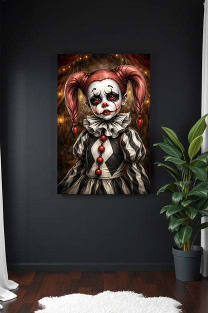 Vintage Harlequin Clown Portrait Poster mit roten Augen und düsterer Zirkusatmosphäre als digitaler Download.
