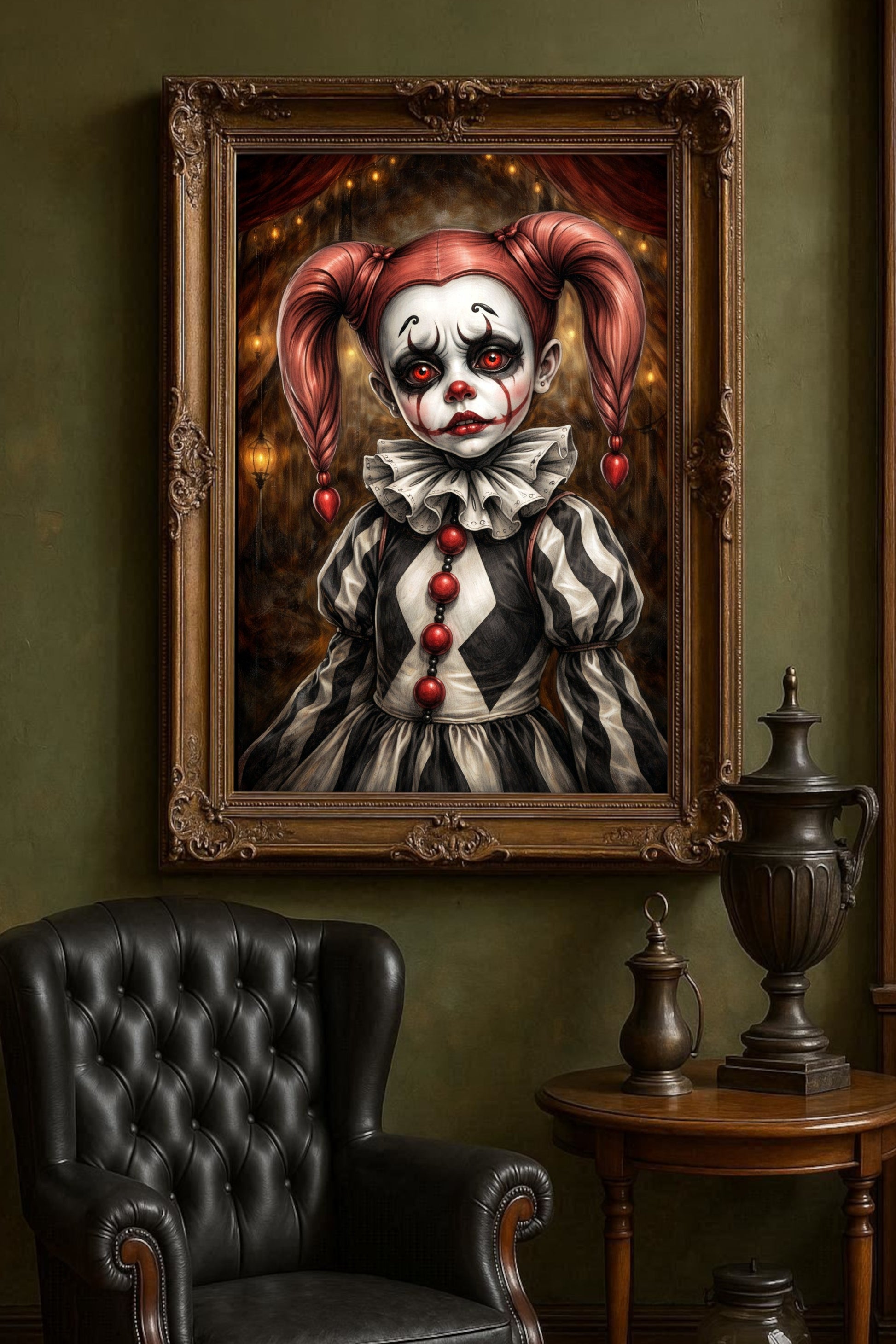 Vintage Harlequin Clown Portrait Poster mit roten Augen und düsterer Zirkusatmosphäre als digitaler Download.