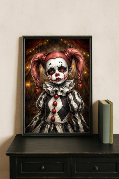 Vintage Harlequin Clown Portrait Poster mit roten Augen und düsterer Zirkusatmosphäre als digitaler Download.