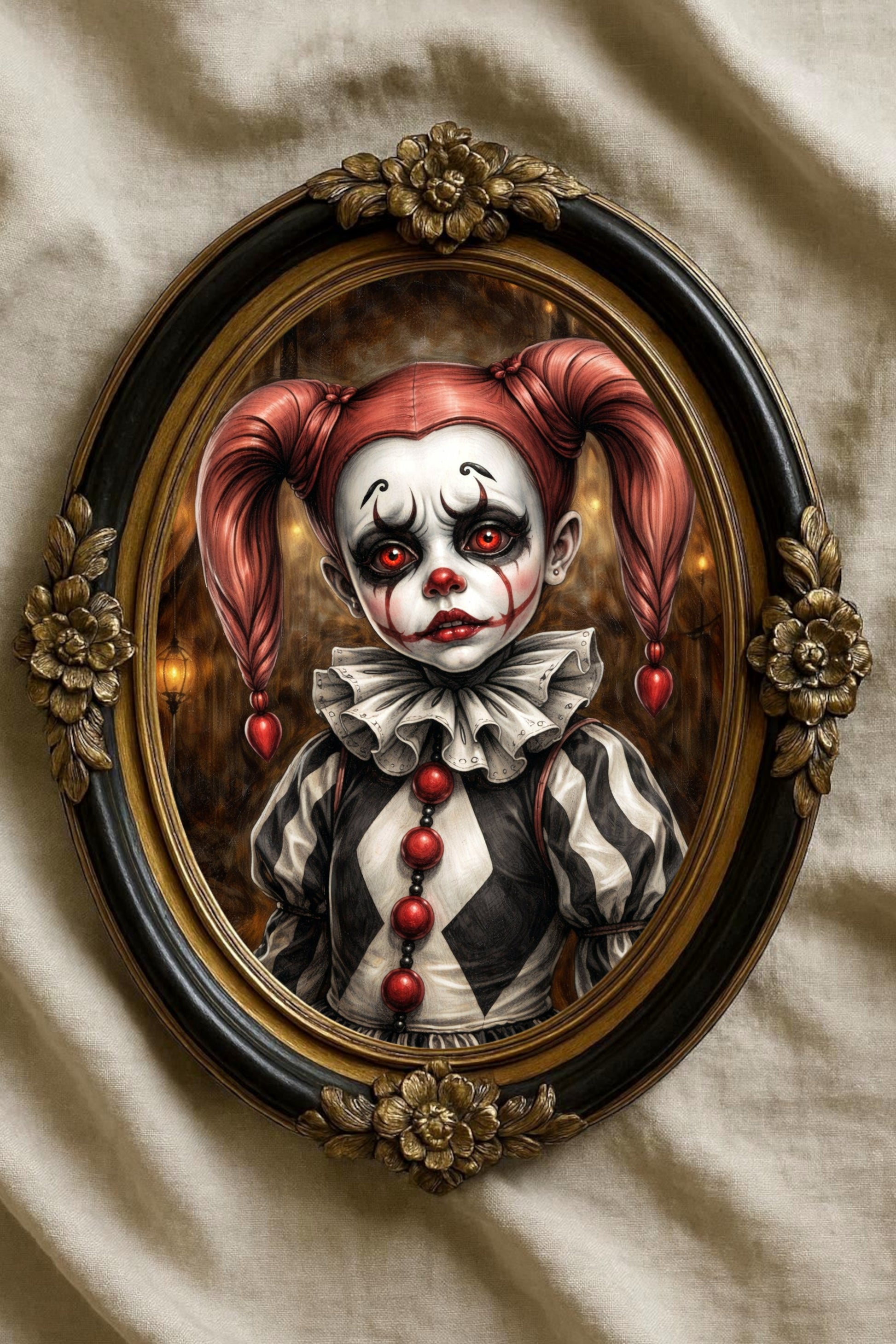 Vintage Harlequin Clown Portrait Poster mit roten Augen und düsterer Zirkusatmosphäre als digitaler Download.
