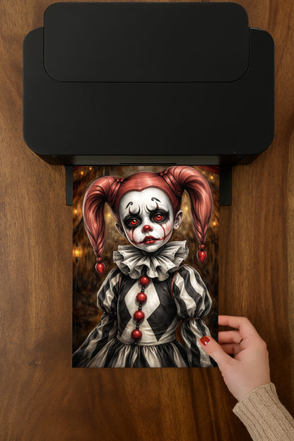 Vintage Harlequin Clown Portrait Poster mit roten Augen und düsterer Zirkusatmosphäre als digitaler Download.